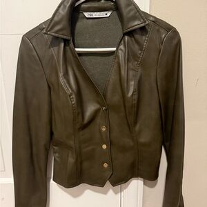 Zara Women's Dark Olive Leather Jacket Size Small
